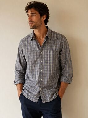 Steven Alan Plaid Button Down Shirt Large Blue Gray Made USA Cotton